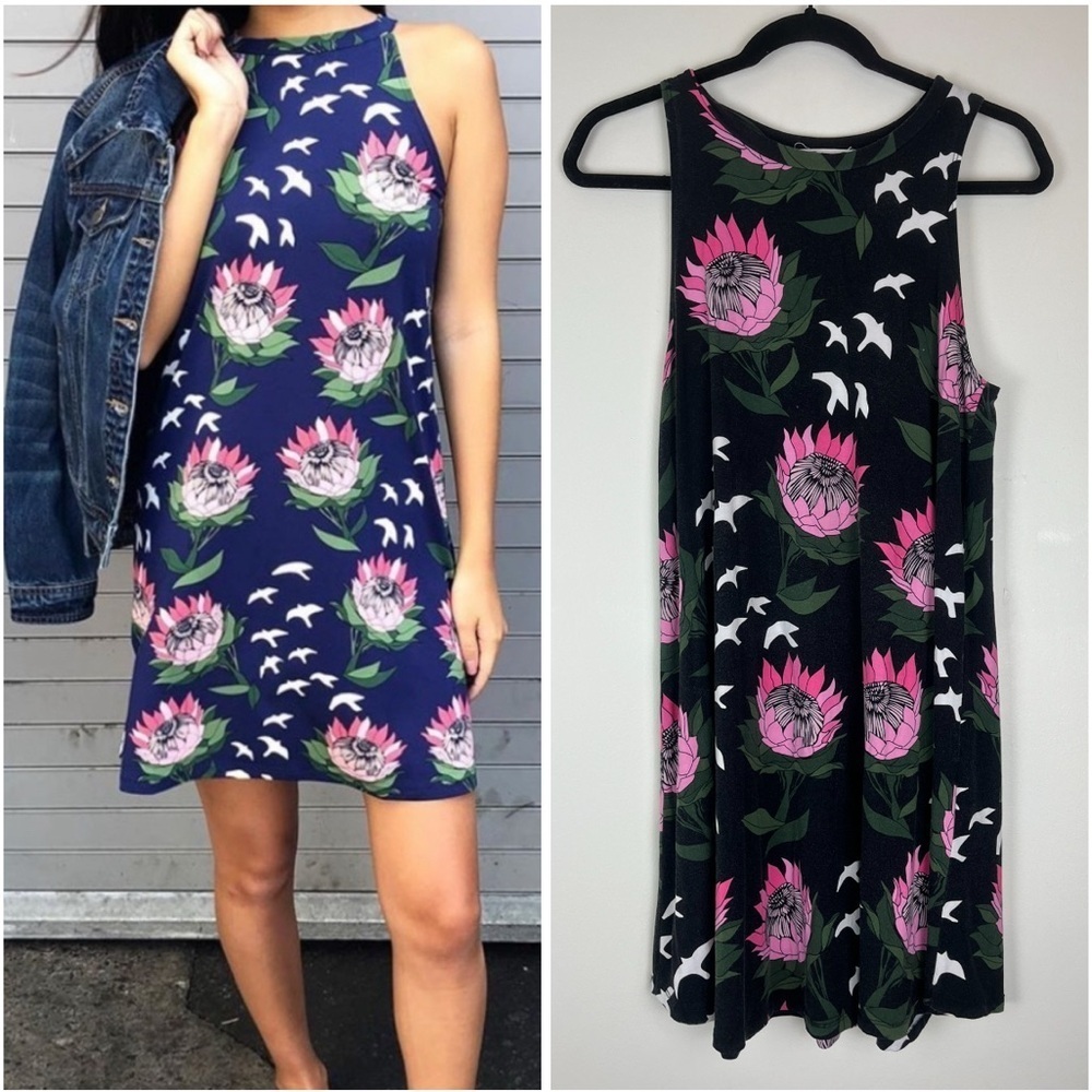 FIGHTING EEL Hawaii Protea Flower Iwa Bird Print Mini Gia Dress size Small